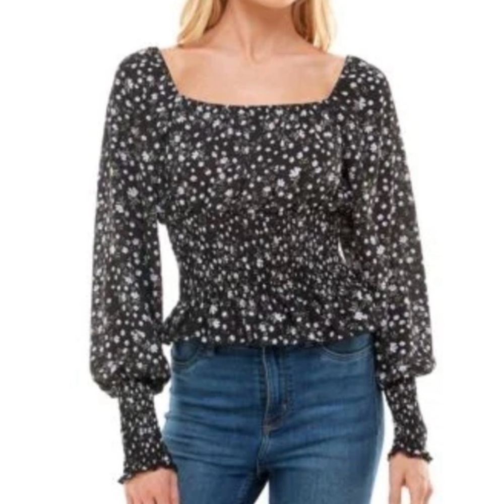 Ultra Flirt Black and White Bishop Sleeve Blouse